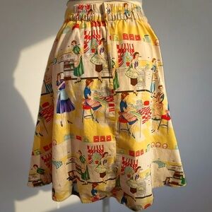 Yellow A-Line Cotton Skirt with Vintage Homemaker Print